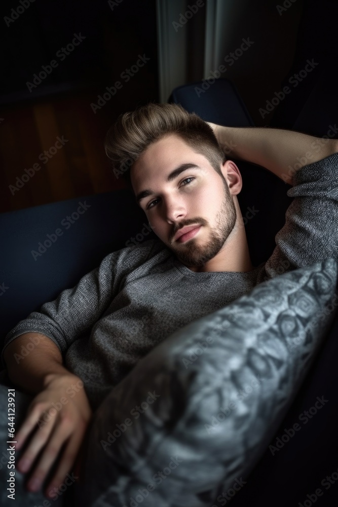 high angle shot of a handsome young man relaxing on his sofa at home high angle shot of a handsome young man relaxing on his sofa at home