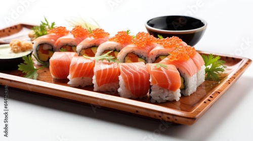 A plate of sushi with salmon and cavia. Digital image.