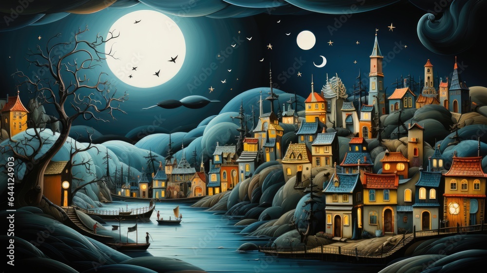 A painting of a town by the water at night. Digital image.