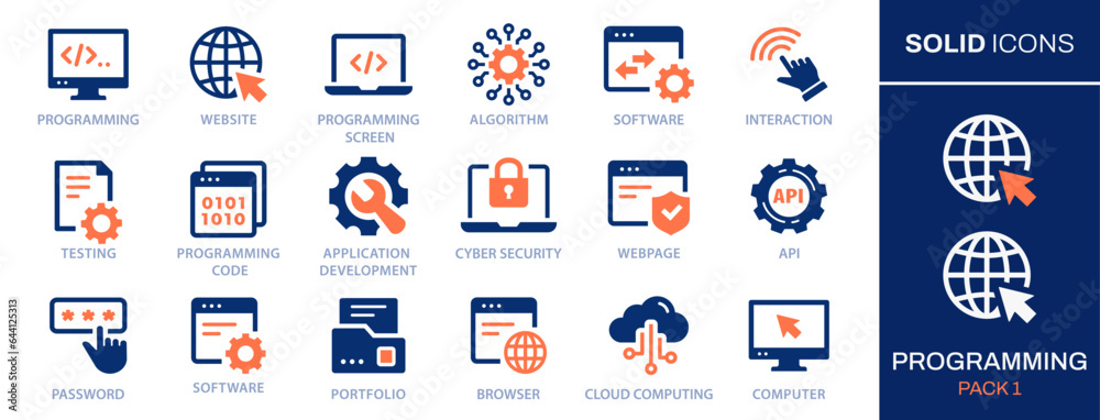 Programming icon set. Collection of software, program, application, computer and more. Vector illustration. Easily changes to any color.