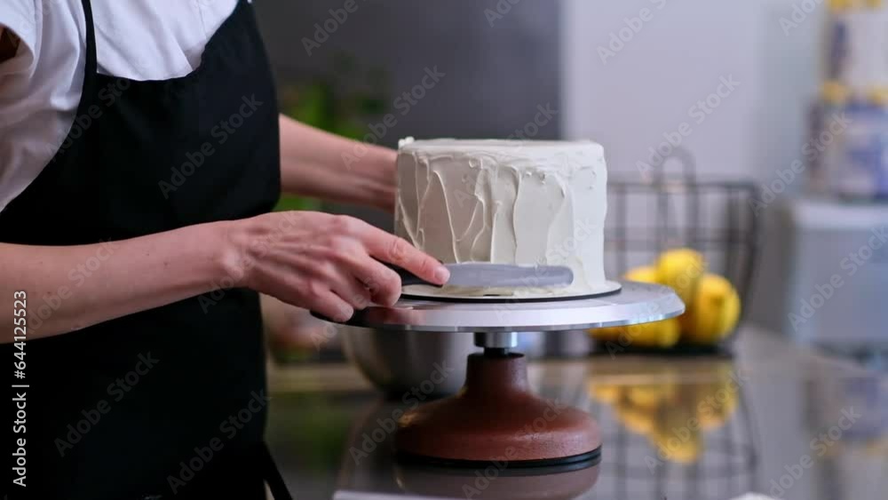 Skilled confectioner smearing sugar free white cream around baked cake with knife on blurred background woman in black apron creating delicious custom pastry for events closeup Skilled confectioner smearing sugar free white cream around baked cake with knife on blurred background woman in black apron creating delicious custom pastry for events closeup