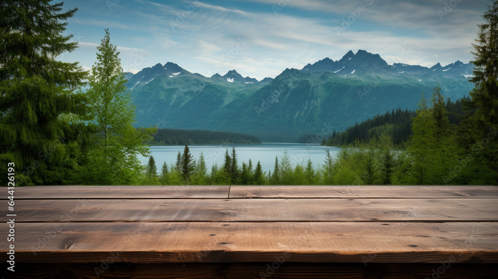 A wooden table sitting on top of a lush green hillside, Generative AI A wooden table sitting on top of a lush green hillside, Generative AI
