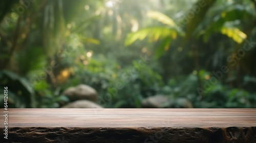 A wooden table top in front of a jungle background, Generative AI