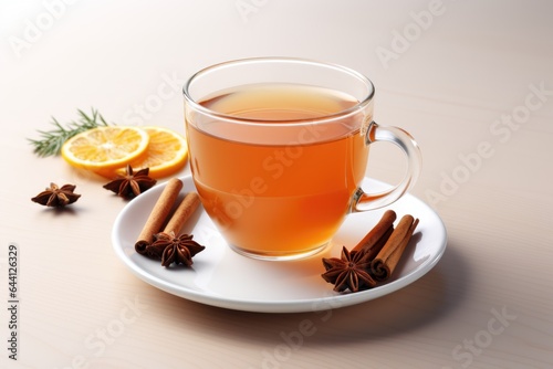 A cup of tea with cinnamon and anise on a saucer. Digital image.