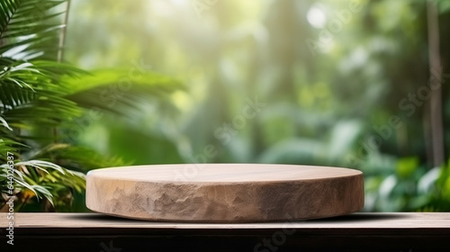 A round object sitting on top of a wooden table, Generative AI © Picture Paradise