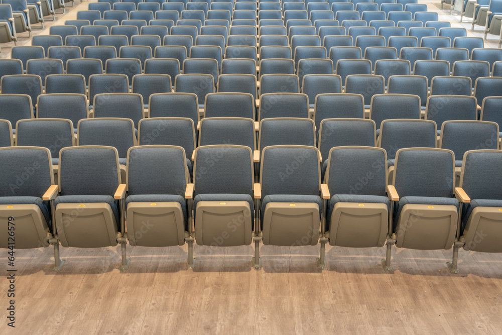 Fototapeta premium Empty gray and blue theater, auditorium seats, chairs. 