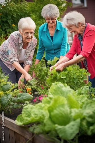 portrait of a group of senior women growing vegetables or flowers in their garden together