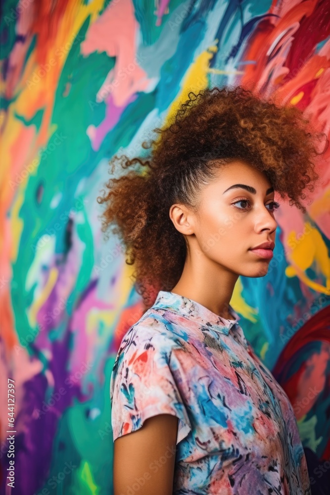 Fototapeta premium shot of a beautiful young woman posing in front of a wall painted with beautiful colorful art