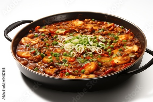 A pan filled with a stew and vegetables. Digital image. Sichuan hotpot dish.