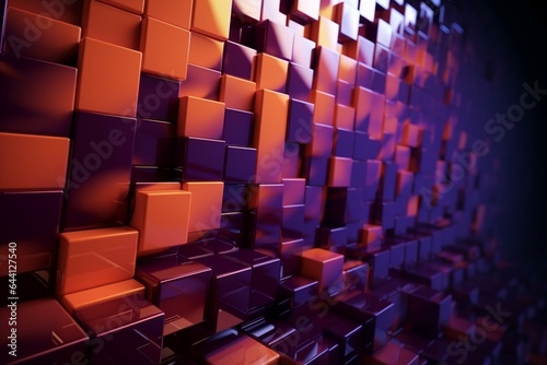 Futuristic wallpaper with sleek glossy blocks in violet and orange. 3D render. Generative AI © Juno
