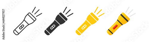 Flashlight icon. Torch signs. Lamp light symbol. Electric portable device symbols. Spotlight for police icons. Black, yellow, flat color. Vector sign.