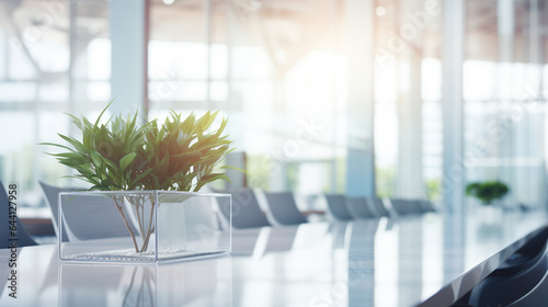 A minimalistic image of a modern office interior with panoramic windows, featuring a beautiful blurred background.