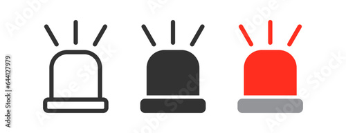 Siren icon. Emergency flasher signal. Light alarm police symbol. Ambulance red signal symbols. Lamp alert danger icons. Black, red color. Vector sign.
