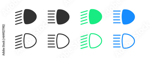 Car light dashboard icon. Dipped beam signs. Auto led symbol. Indicator on the panel vehicle symbols. Lamp icons. Black, blue, green color. Vector sign.