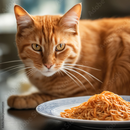 Detailed Macro Noodles Composition with Elegantly Resting Orange Cat