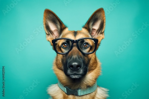 Medium shot portrait photography of a funny german shepherd wearing a hipster glasses against a teal blue background. With generative AI technology