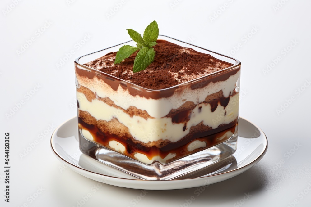 A piece of dessert on a plate on a table. Digital image. Tasty tiramisu in glass. A piece of dessert on a plate on a table. Digital image. Tasty tiramisu in glass.