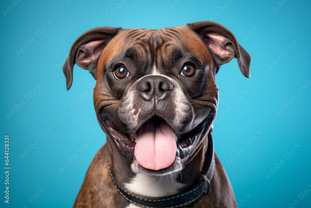 Headshot portrait photography of a smiling boxer dog wearing a spiked collar against a teal blue background. With generative AI technology