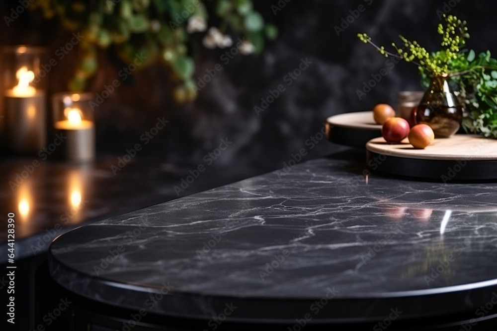 Obraz premium A dark marble table, ready for product display in a contemporary kitchen, with a blurred background, creating a stylish setting.Mockup