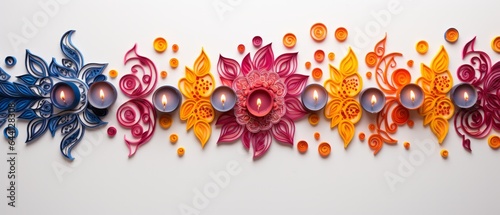 A colourful photo of traditional diwali rangoli designs on a white background with copy space - Created with generative AI technology