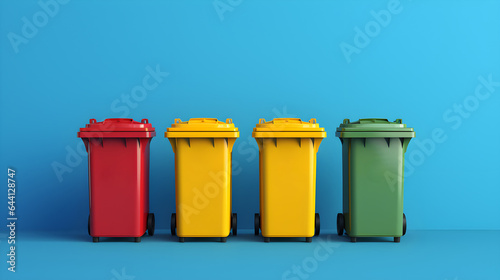 Colored containers for separate waste collection on blue background. Caring about an environment, separating garbage into different containers