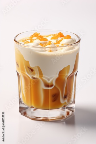 A dessert in a glass on a table. Digital image.