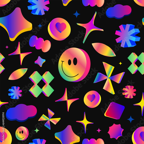 Colorful funny label seamless pattern. Collection of trendy gradient sticker shapes backgrounds.