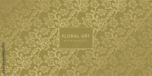 Luxury floral green abstract background with gold hand drawn oak leaves and acorns. Vector design for postcard, wall poster, business card, flyer, banner, wedding invitation, print, cover, wallpaper