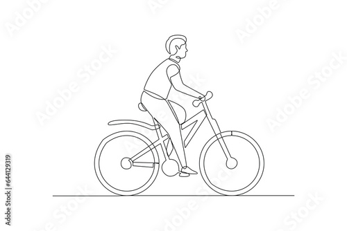 Continuous one line drawing People riding bikes on city street concept. Doodle vector illustration.