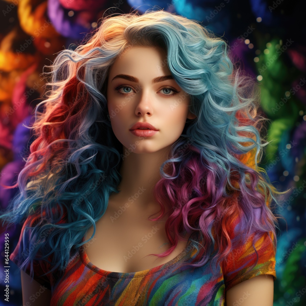 Attractive beautiful girl with colored rainbow colored hair