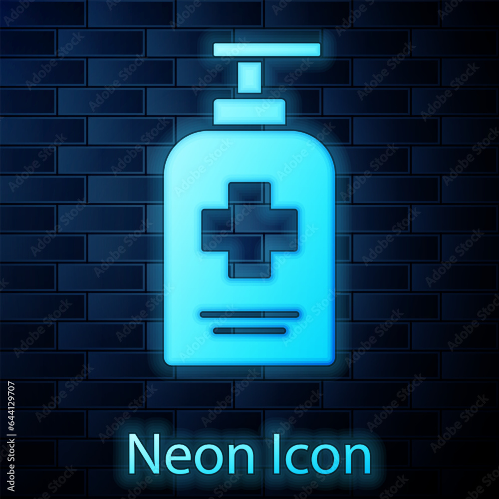Glowing neon Bottle of liquid antibacterial soap with dispenser icon isolated on brick wall background. Antiseptic. Disinfection, hygiene, skin care. Vector. Glowing neon Bottle of liquid antibacterial soap with dispenser icon isolated on brick wall background. Antiseptic. Disinfection, hygiene, skin care. Vector.