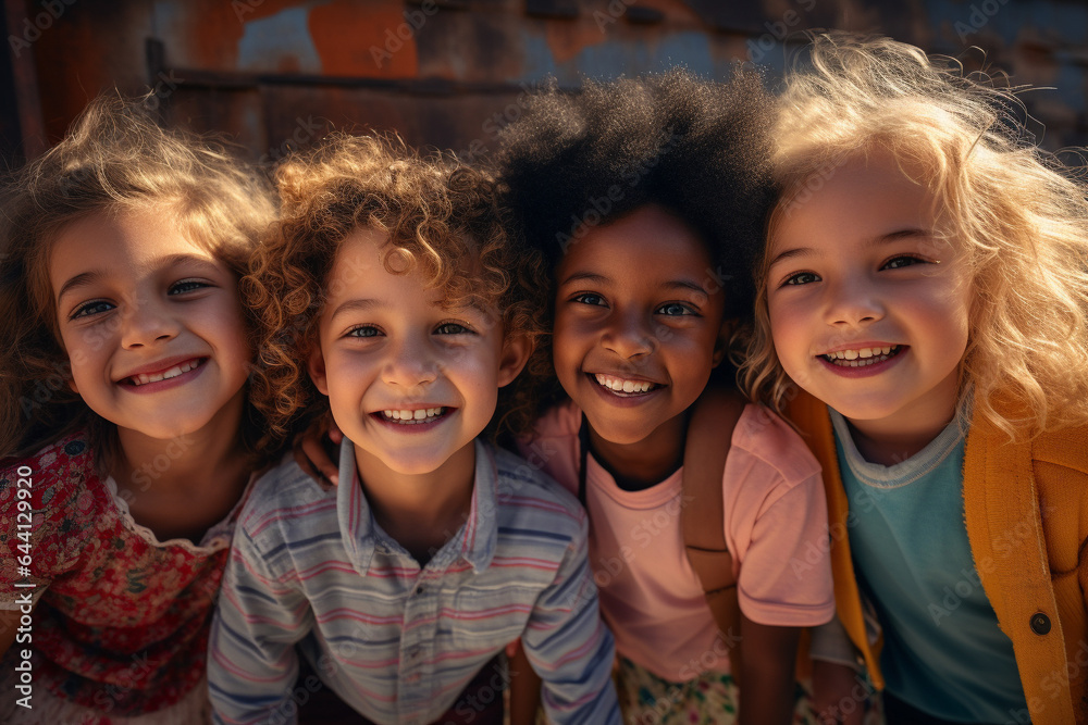 An uplifting portrait featuring a multicultural group of children, radiating joy and happiness while enjoying outdoor fun and activities together.
