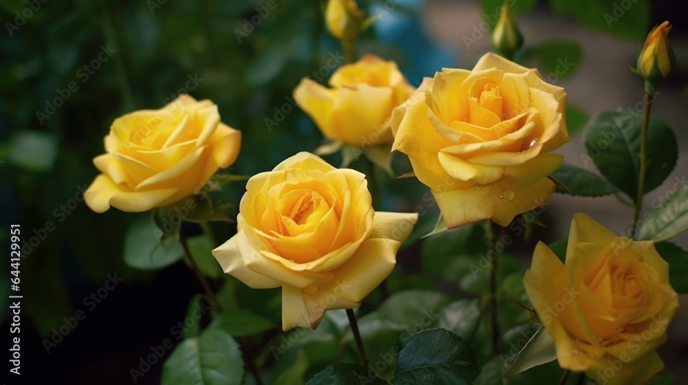 Yellow roses in the garden, shallow depth of field, selective focus. Mother's day concept with a space for a text. Valentine day concept with a copy space.