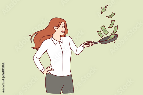 Business woman with money in frying pan, owns restaurant or cafe and earns from catering industry. Confident girl with cash earns income from investment in restaurant or horeca company