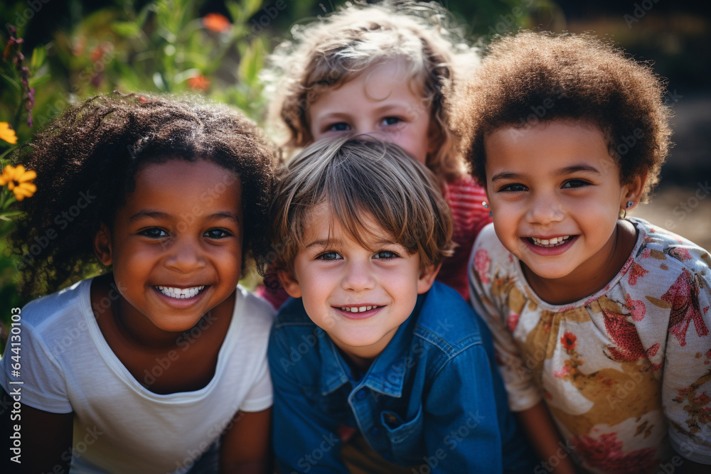 A heartwarming portrait capturing a group of diverse, cheerful, and happy children of various ethnic backgrounds enjoying outdoor activities together. A heartwarming portrait capturing a group of diverse, cheerful, and happy children of various ethnic backgrounds enjoying outdoor activities together.