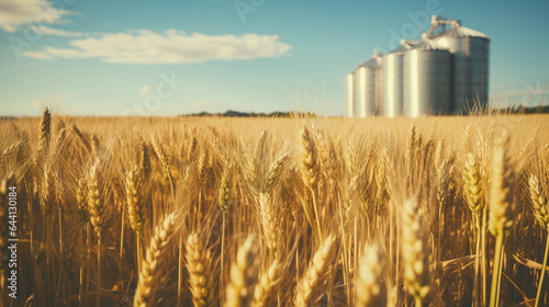 This close-up image showcases a vibrant wheat field, with three silos softly blurred in the background, portraying the beauty of rural agriculture.