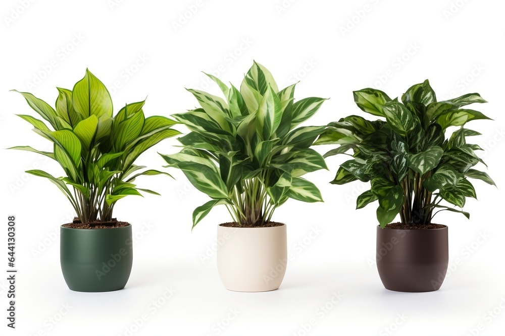 Houseplant, in a pot, on a white background. Group of indoor houseplant with botanical foliage on white background