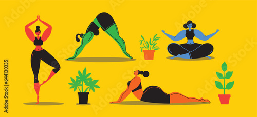 Vector illustrations of young women workout. A young girl is engaged in yoga, dance, aerobics, fitness. The female movements and poses background