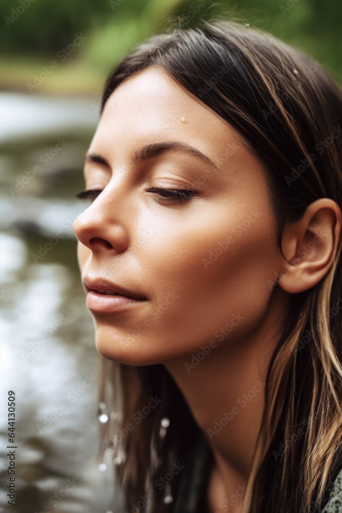 shot of a beautiful young woman in the outdoors looking at some water by her face shot of a beautiful young woman in the outdoors looking at some water by her face