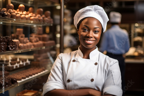 Happy chocolatier in chef hat standing with crossed arms near tasty chocolate candies. Young woman in chef uniform in the kitchen. Professional pastry chef, chocolatier, baker or cook.