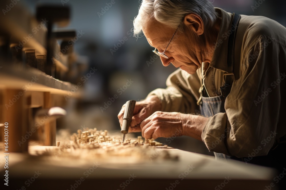 A carpenter carves wood with tools. A carpenter carves wood with tools.