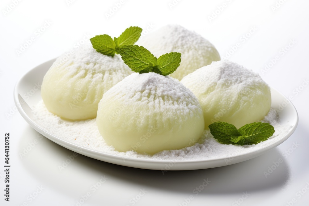 A plate of green tea mochi dessert decorated with green leaves on white background.