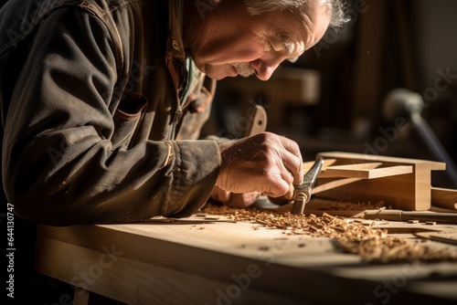 A carpenter carves wood with tools.