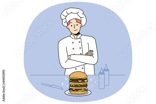 Proud male chef cook burger in bar or cafe. Smiling man in uniform preparing American style meal. Fast food at restaurant. Vector illustration.
