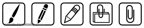 Pen, Pencil, Brush and Paper Clip Attach User Interface Icons. Black and White line art style, editable  file on transparent background vector stock illustration.