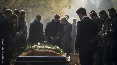Death, funeral and coffin with family mourning, sad and depressed for grieving time. Grief together, mental health and people in black suits giving their last goodbyes at the cemetery