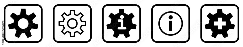 Gear, options, settings and info User Interface Icons. Black and White line art style, editable file on transparent background vector stock illustration. Gear, options, settings and info User Interface Icons. Black and White line art style, editable file on transparent background vector stock illustration.