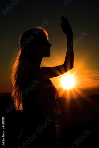 silhouette of a woman standing in front of the sun holding up her hand