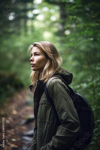 shot of a young woman walking through the woods