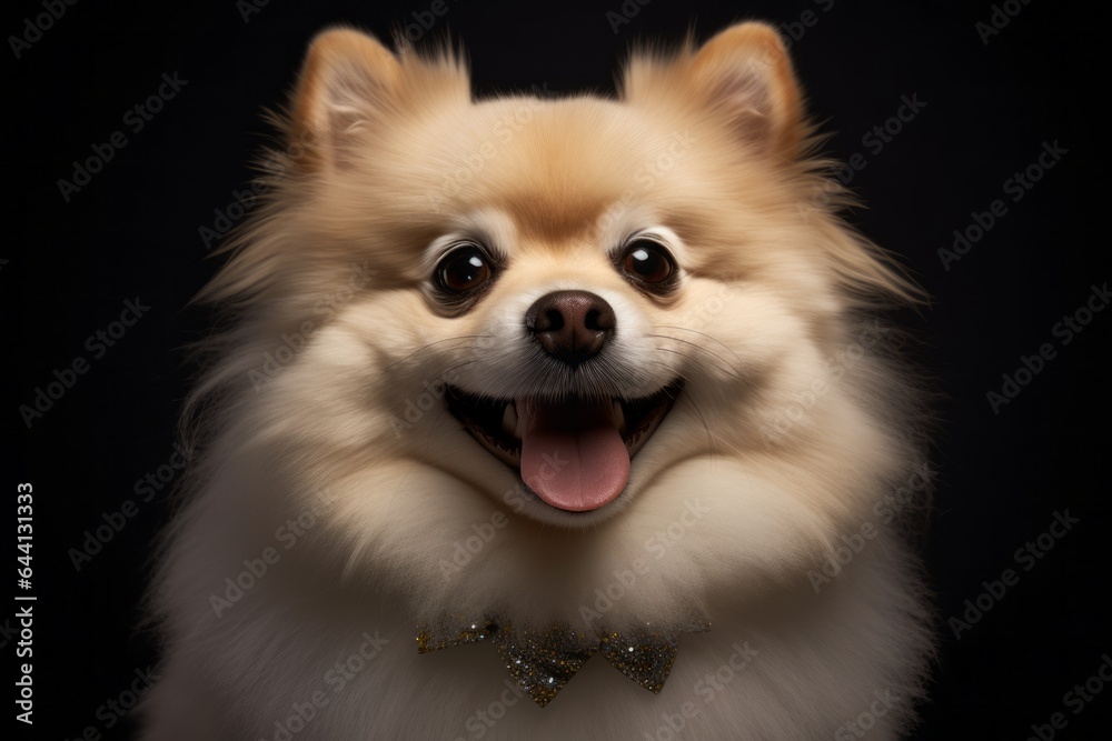 Close-up portrait photography of a happy pomeranian wearing a light-up collar against a dark grey background. With generative AI technology